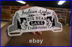 Rare Indian Lodge Big Bear Lake California Porcelain Metal Topper Sign Ford Gas