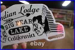 Rare Indian Lodge Big Bear Lake California Porcelain Metal Topper Sign Ford Gas