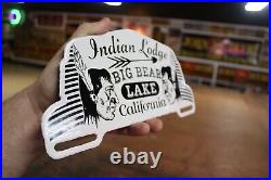 Rare Indian Lodge Big Bear Lake California Porcelain Metal Topper Sign Ford Gas