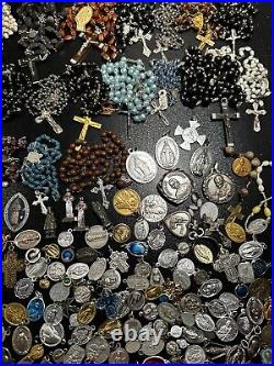Rare Pretty Big Lot Religious Medals & Rosaries French Antique Rosary B-1