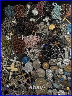 Rare Pretty Big Lot Religious Medals & Rosaries French Antique Rosary B-S-V