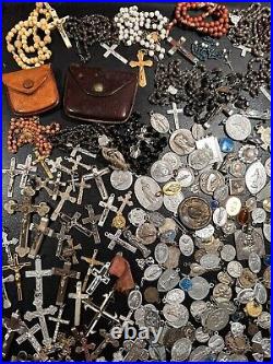 Rare Pretty Big Lot Religious Medals & Rosaries French Antique Rosary E-R-0