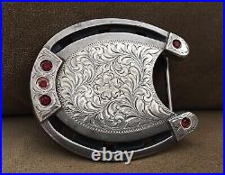 Rare Signed ESPERS Sterling Silver & Big Red Gems Heavy Horseshoe Belt Buckle