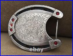 Rare Signed ESPERS Sterling Silver & Big Red Gems Heavy Horseshoe Belt Buckle