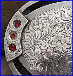 Rare Signed ESPERS Sterling Silver & Big Red Gems Heavy Horseshoe Belt Buckle