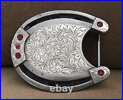 Rare Signed ESPERS Sterling Silver & Big Red Gems Heavy Horseshoe Belt Buckle