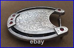 Rare Signed ESPERS Sterling Silver & Big Red Gems Heavy Horseshoe Belt Buckle