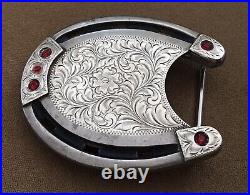 Rare Signed ESPERS Sterling Silver & Big Red Gems Heavy Horseshoe Belt Buckle