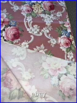 Rare VTG Barkcloth Era Fabric Pink Roses Scrolls 6 Yards Big Bouquets Never Used