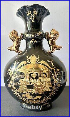 Rare Vintage Limoges France Black 24K Gold Porcelain Big Size Vase withLion Handle