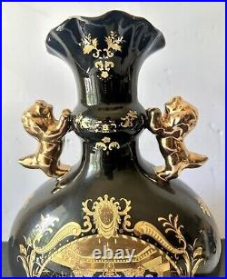 Rare Vintage Limoges France Black 24K Gold Porcelain Big Size Vase withLion Handle