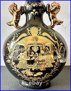 Rare Vintage Limoges France Black 24K Gold Porcelain Big Size Vase withLion Handle