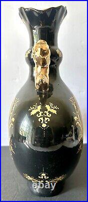 Rare Vintage Limoges France Black 24K Gold Porcelain Big Size Vase withLion Handle