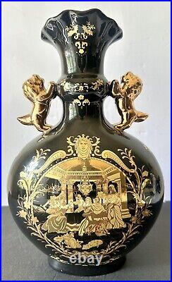 Rare Vintage Limoges France Black 24K Gold Porcelain Big Size Vase withLion Handle