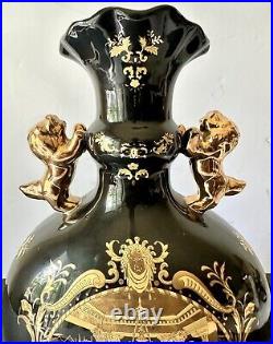 Rare Vintage Limoges France Black 24K Gold Porcelain Big Size Vase withLion Handle