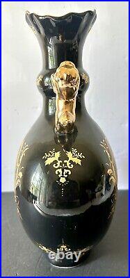 Rare Vintage Limoges France Black 24K Gold Porcelain Big Size Vase withLion Handle