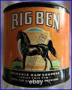 Super Rare! Big Ben Smoking Tobacco Large Tin B&W Coupons Specimen Label