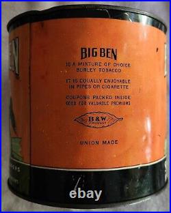 Super Rare! Big Ben Smoking Tobacco Large Tin B&W Coupons Specimen Label