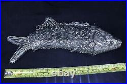 Vintage Statue Big Fish, Rare Carp Fish Hand Carved Brass Silver Plated Koi Fish